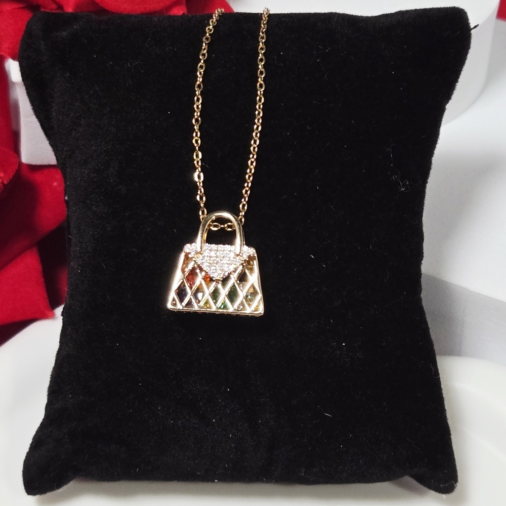 Gold Handbag Necklace Rhinestone Purse Pendant Cute Bling Fashion Jewelry Gift - Picture 3 of 10